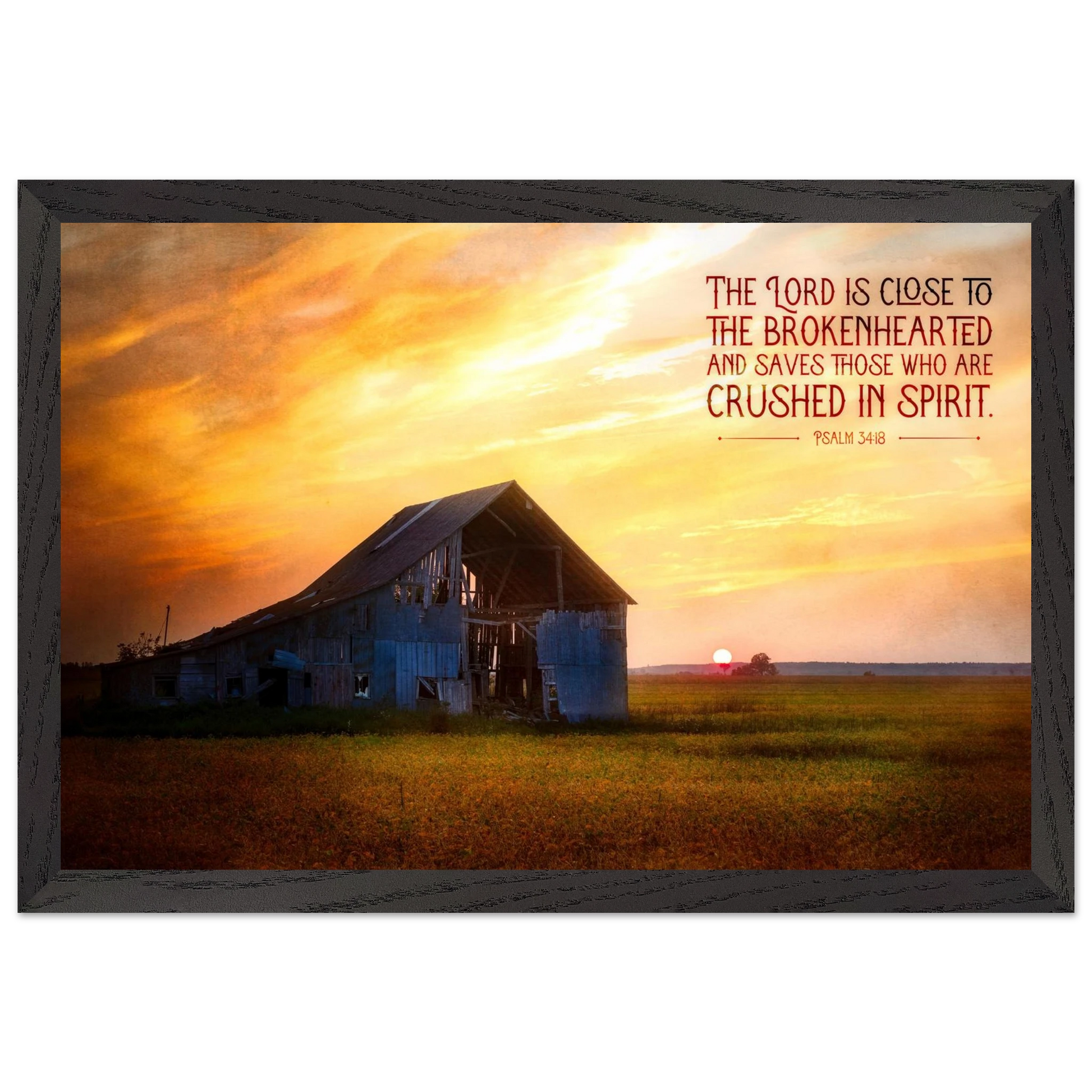 Sunset over a barn with a motivational quote on a white background
