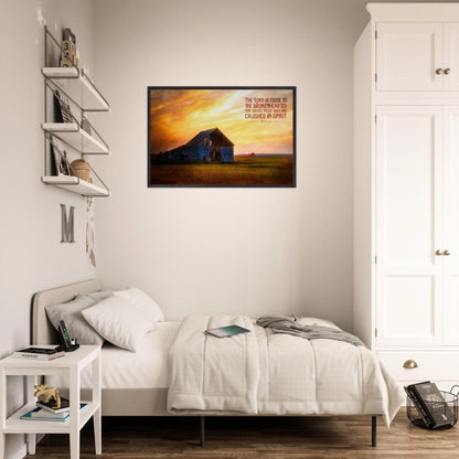 Bedroom with a painting of a barn on the wall above a bed.