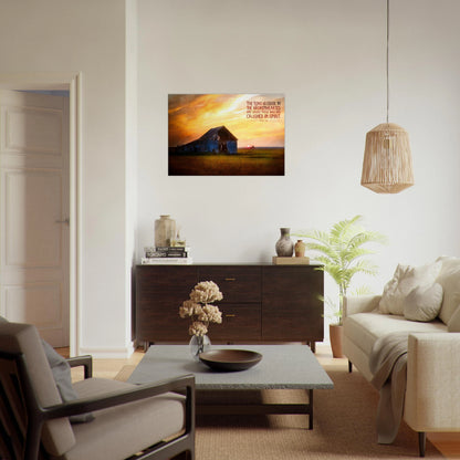Modern living room with a painting of a barn on the wall