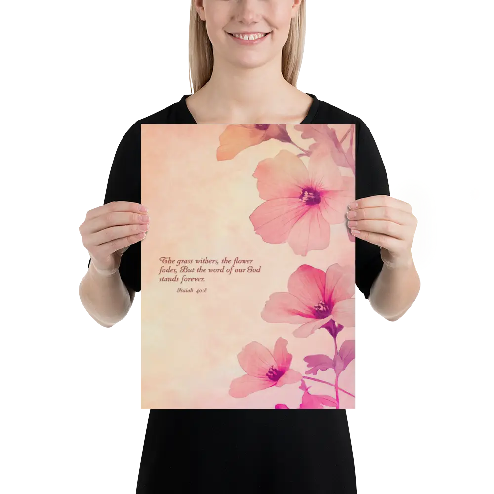 Person holding a floral print with a quote on a white background