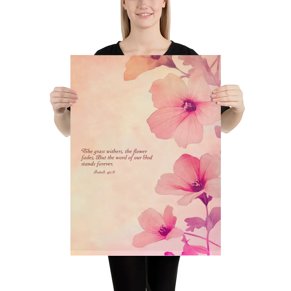 Person holding a large poster with pink floral design and text