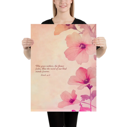 Person holding a large poster with pink floral design and text