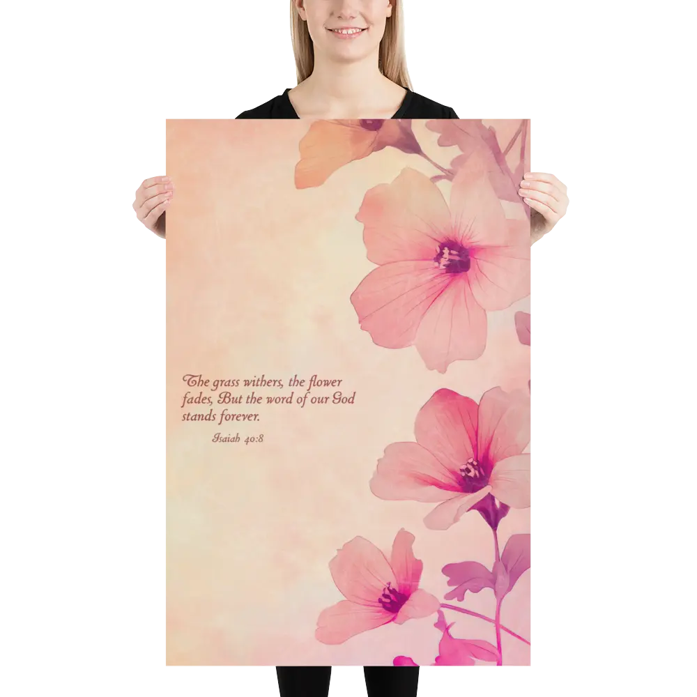 Person holding a large poster with pink floral design and Bible verse