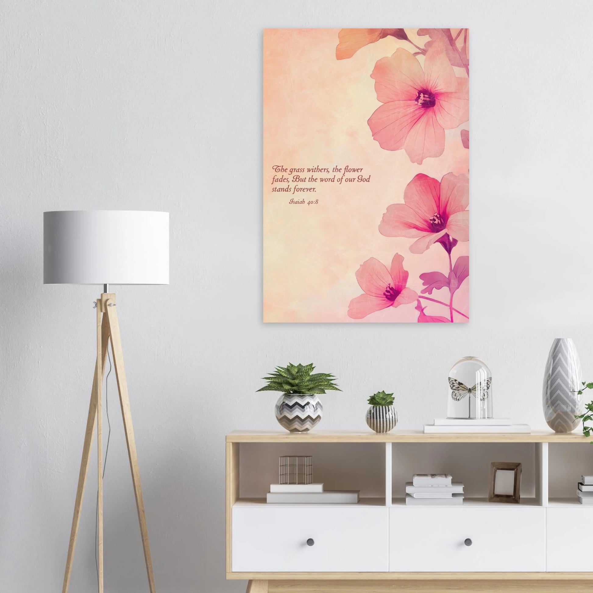 Floral painting on a wall above a wooden cabinet with decorative items.