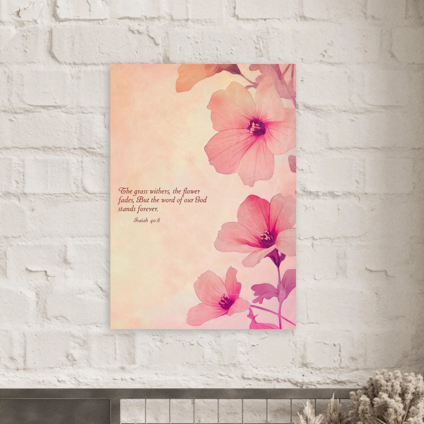 Floral painting with text on a white brick wall