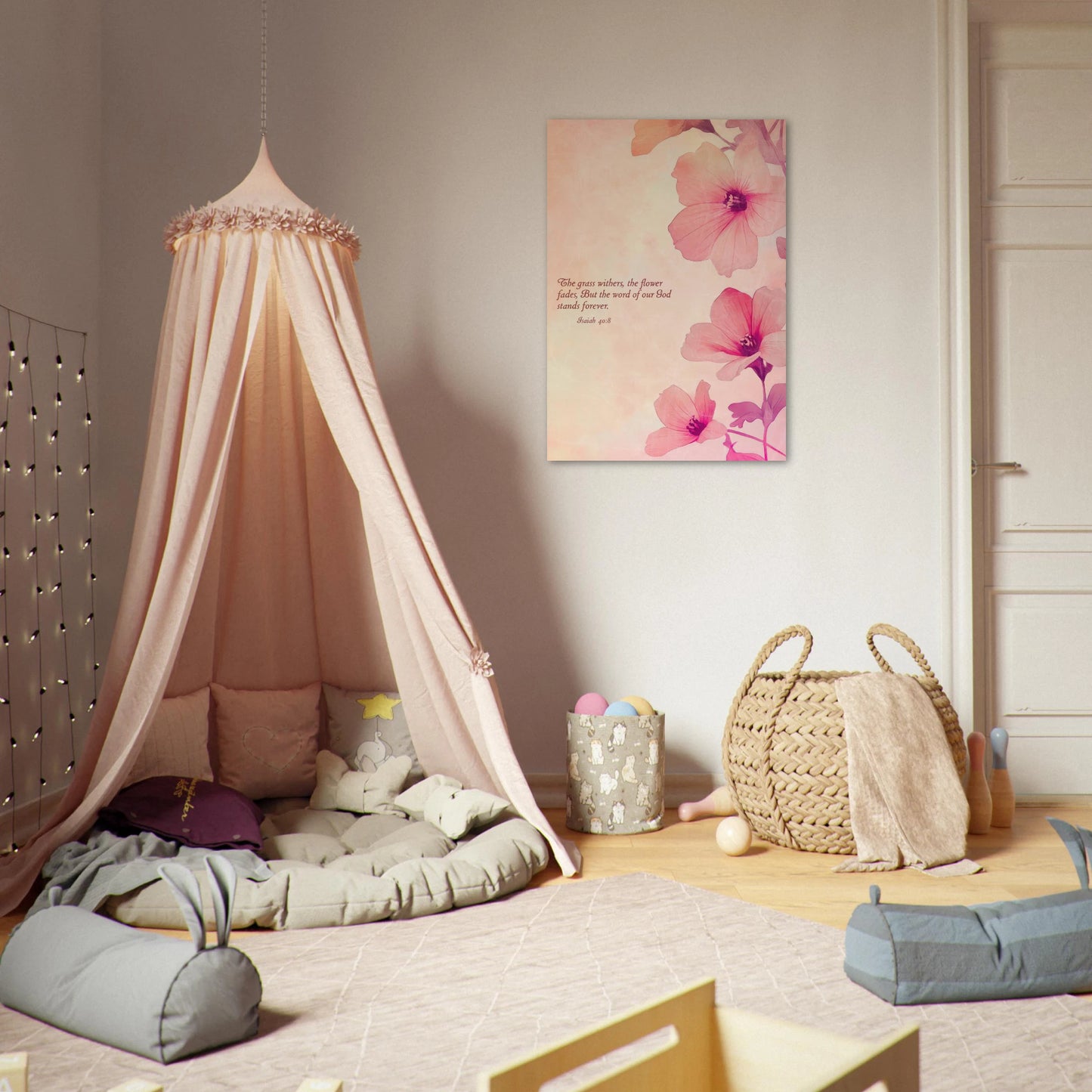 Children's playroom with a canopy, cushions, and a floral wall art piece.