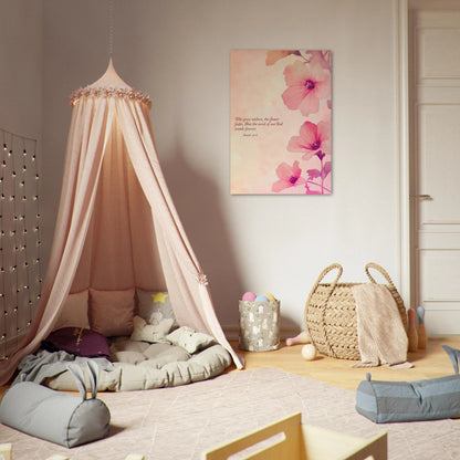Children's playroom with a canopy, cushions, and a floral wall art piece.