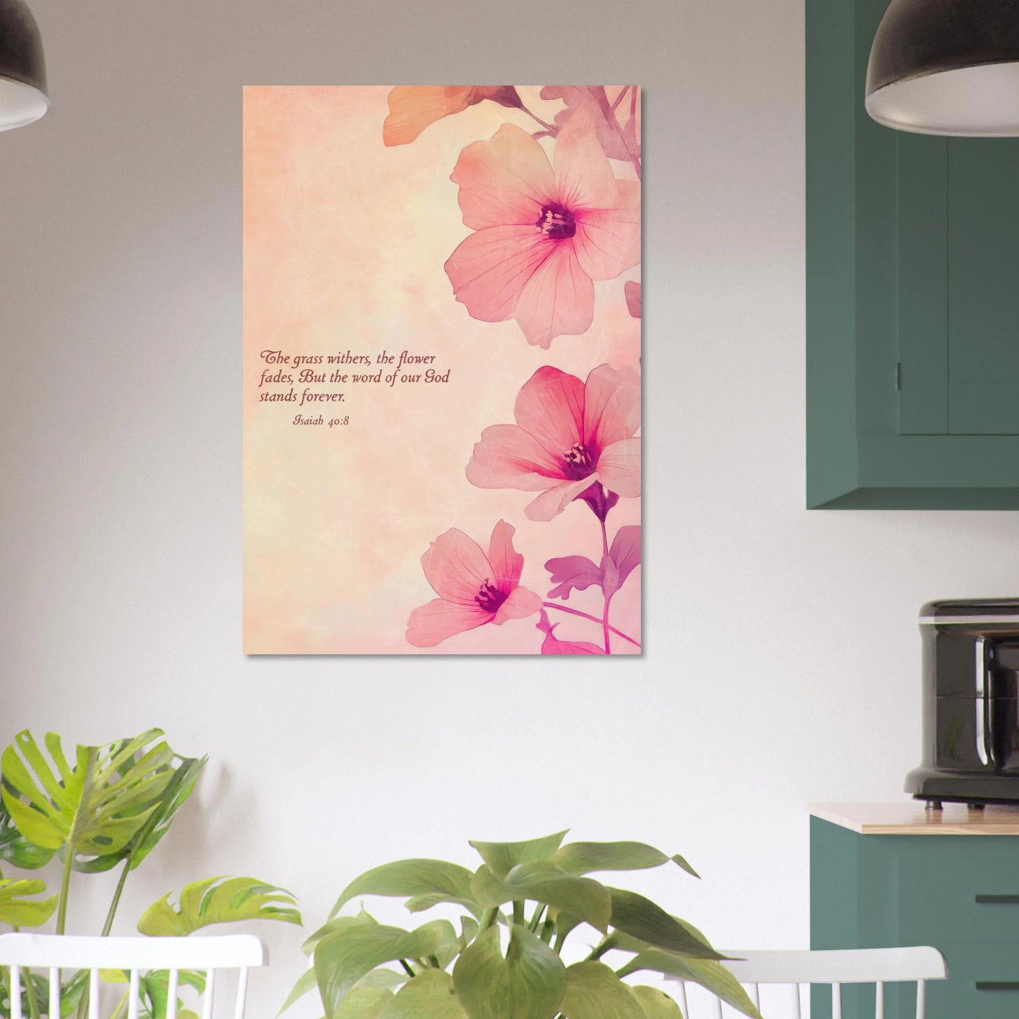 Floral painting with pink flowers on a wall in a room with plants and a green cabinet.