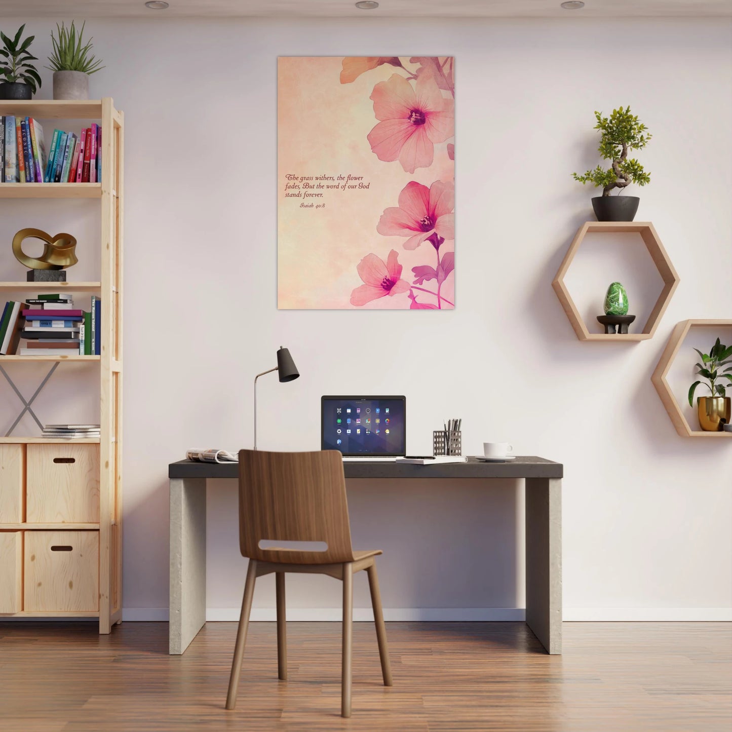 Home office with a desk, chair, and decorative elements.