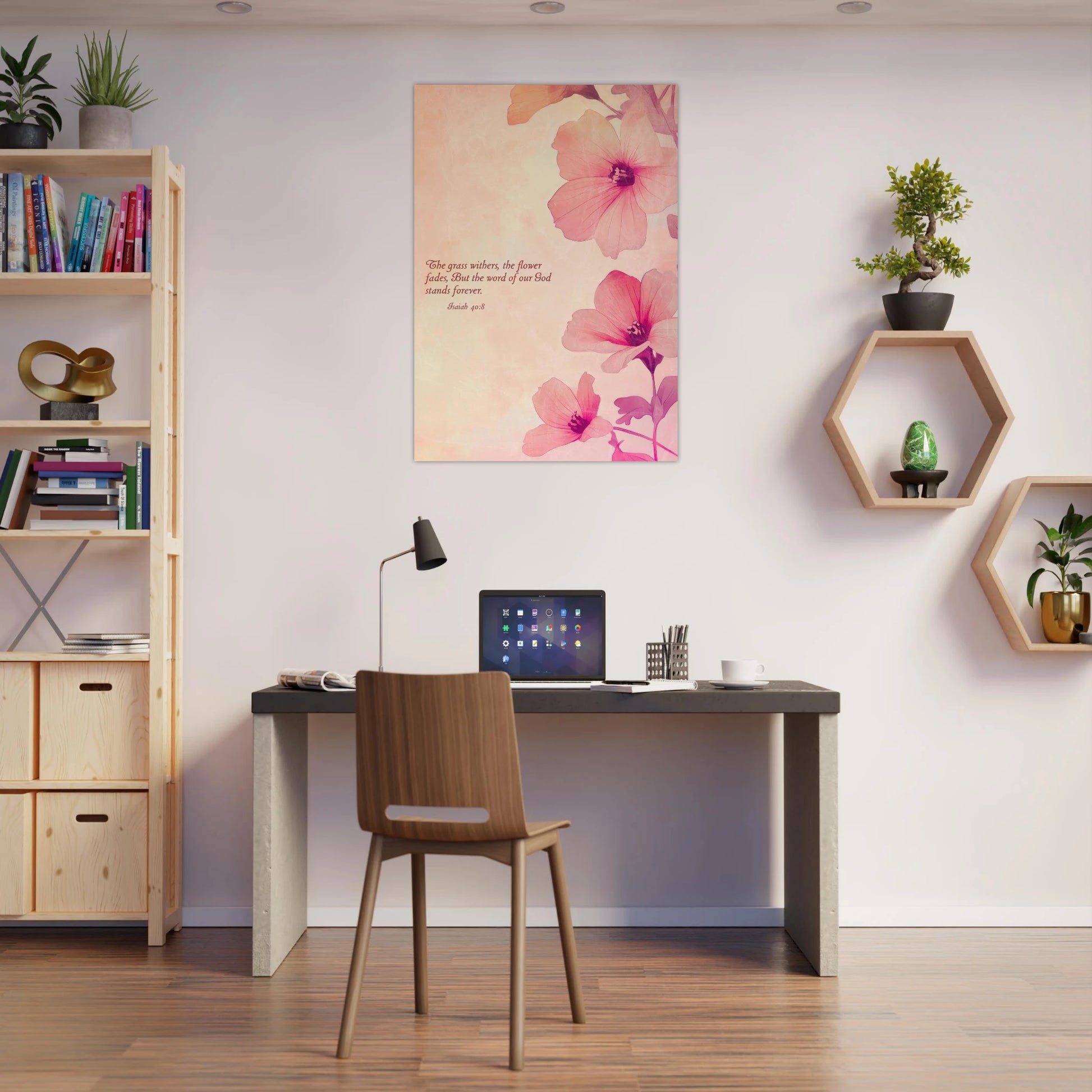 Home office with a desk, chair, and decorative elements.