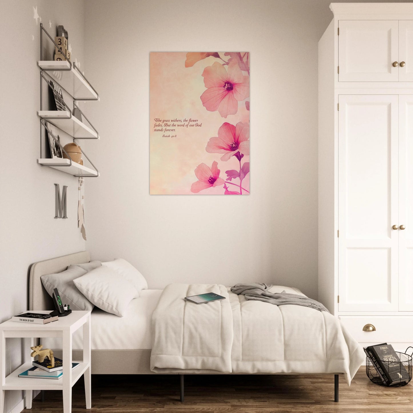Bedroom with floral artwork above a bed, shelves on the left, and a wardrobe on the right.