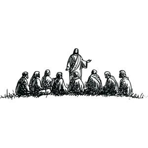 Illustration of a teacher or religious figure teaching a group of students outdoors.