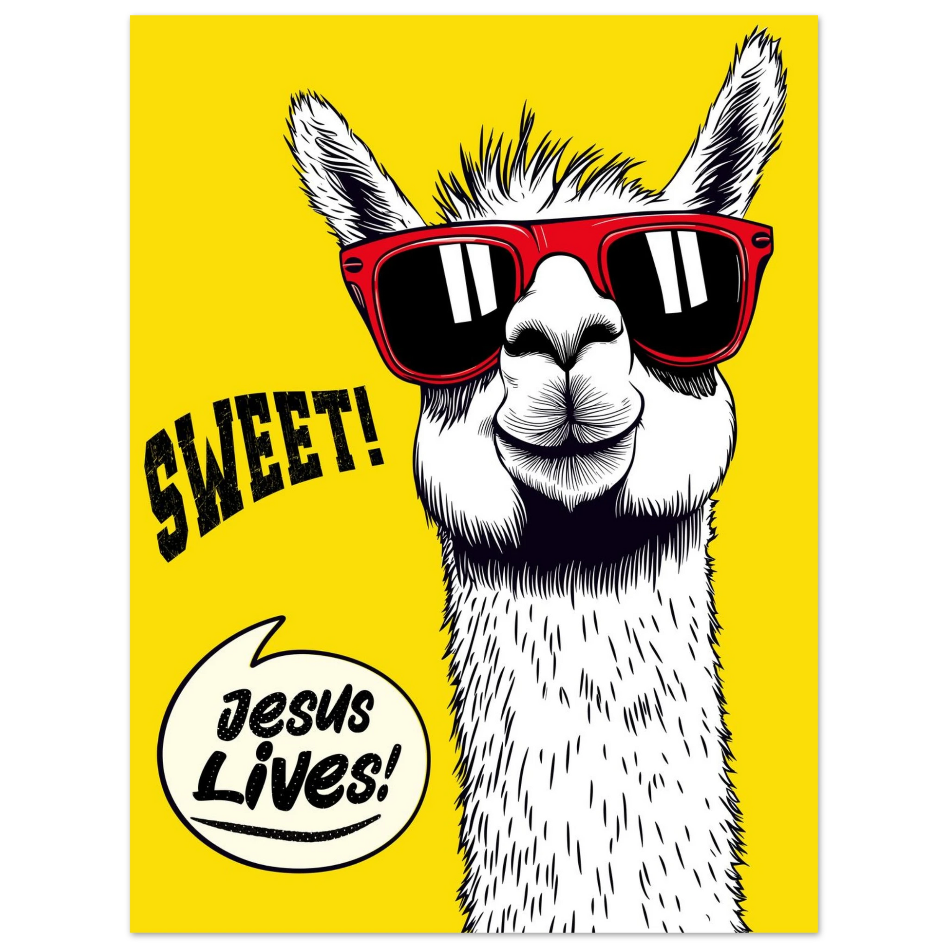 A cartoon giraffe with sunglasses against a yellow background, with the text 'SWEET!' and 'Jesus Lives!'