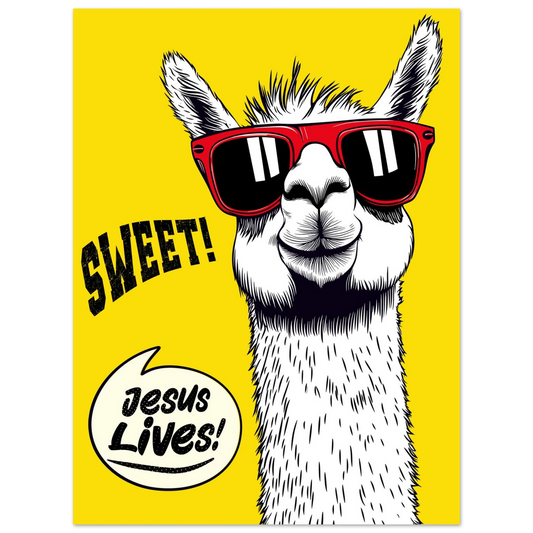 A cartoon giraffe with sunglasses against a yellow background, with the text 'SWEET!' and 'Jesus Lives!'