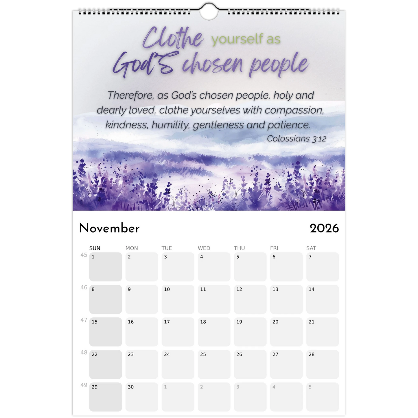 Calendar page for November 2026 with a purple floral design and Bible verse text.