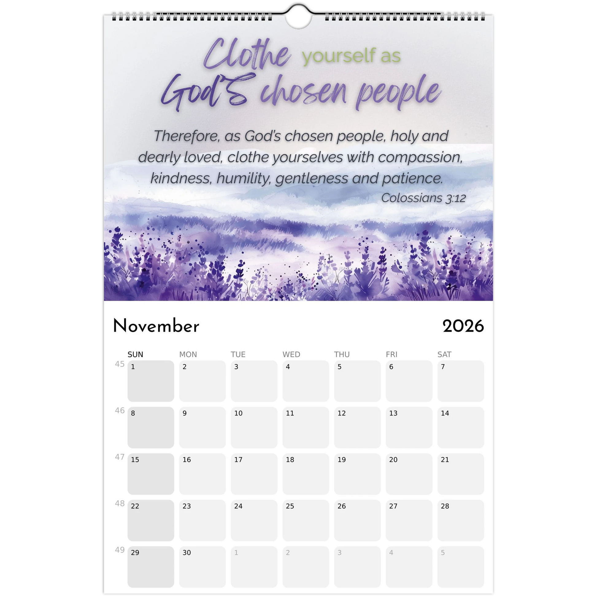 Calendar page for November 2026 with a purple floral design and Bible verse text.