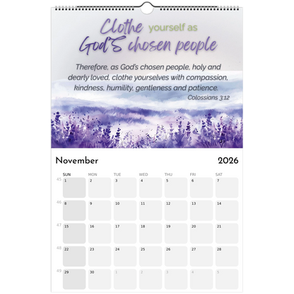 Calendar page for November 2026 with a purple floral design and Bible verse text.