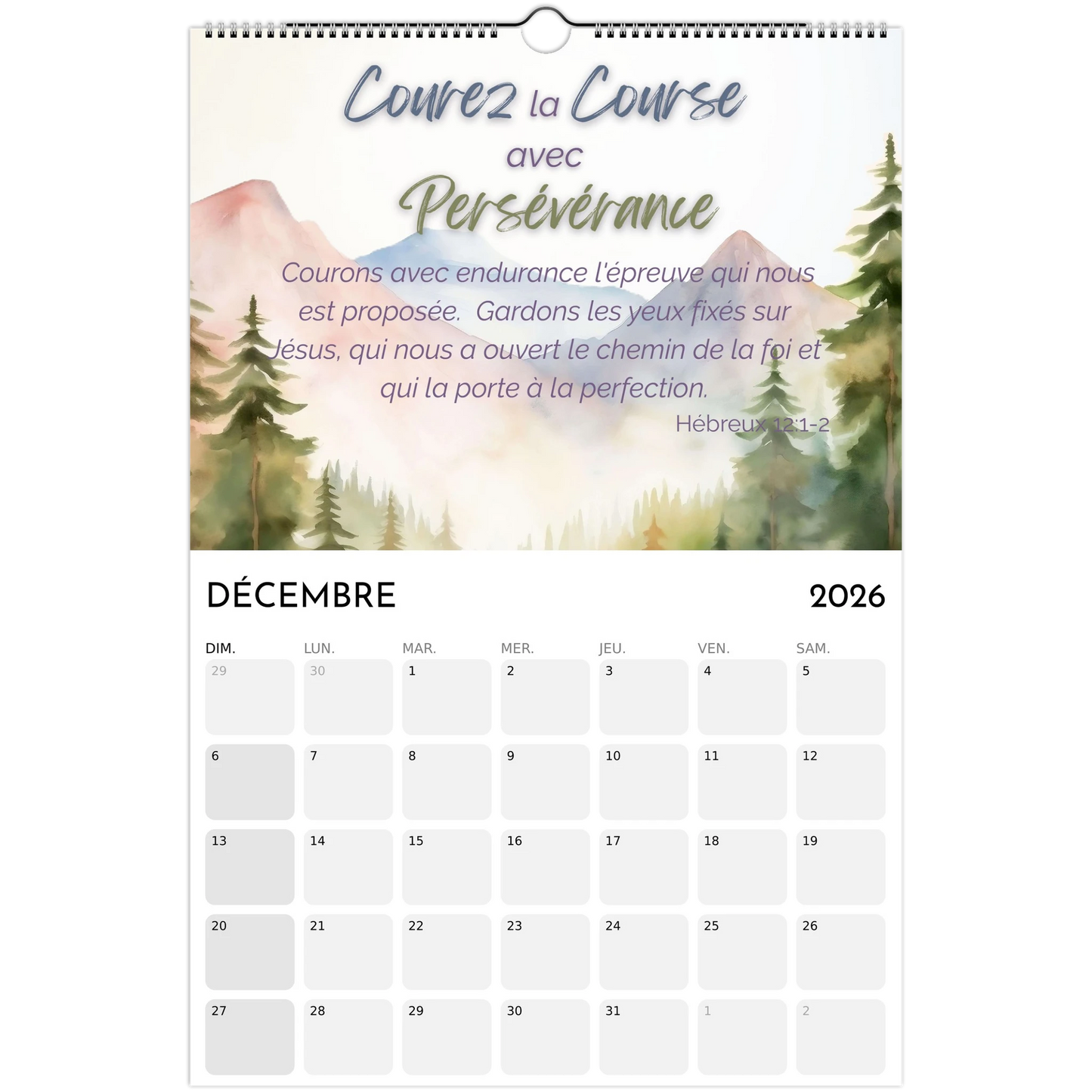 December 2026 calendar with nature-themed design and motivational quote