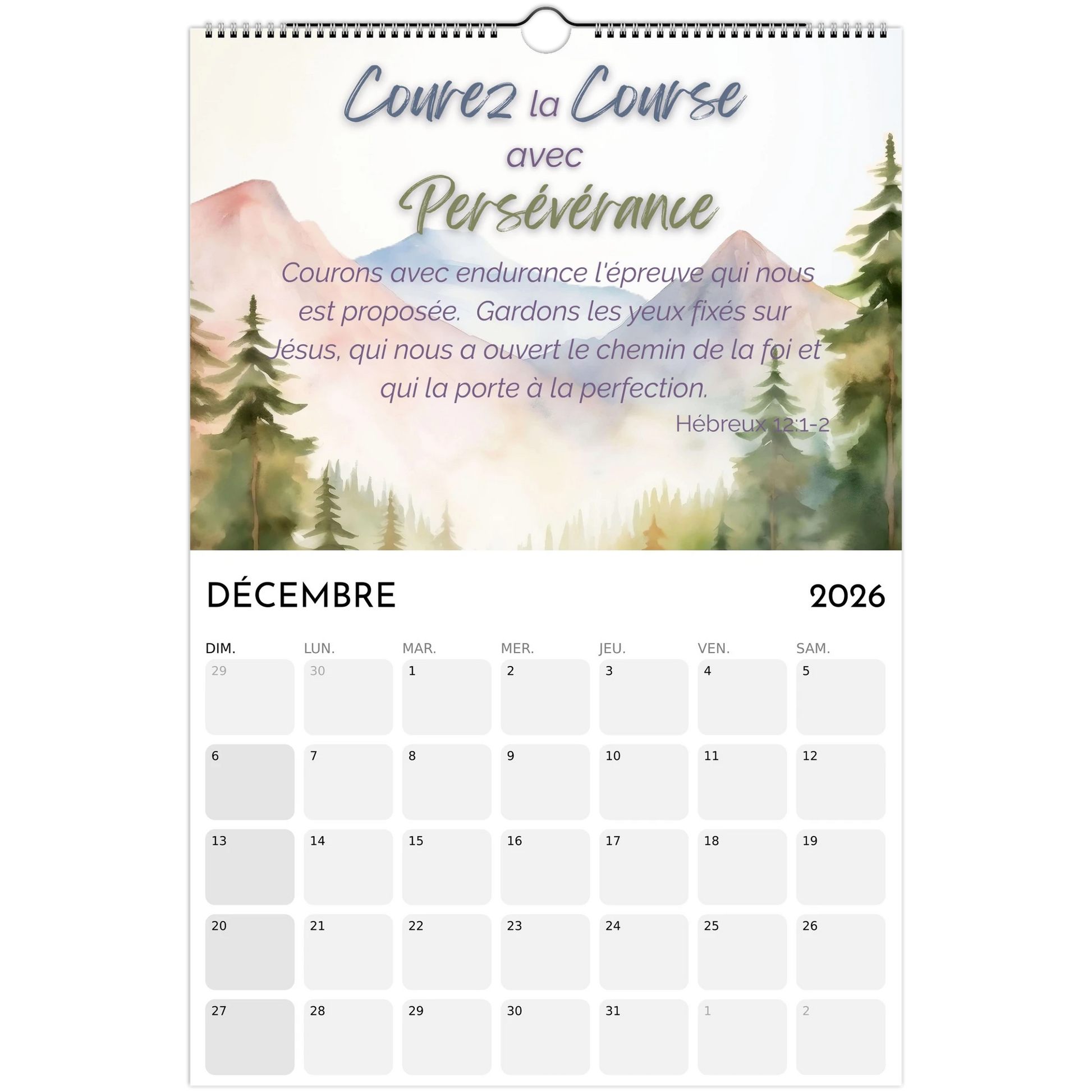 December 2026 calendar with nature-themed design and motivational quote