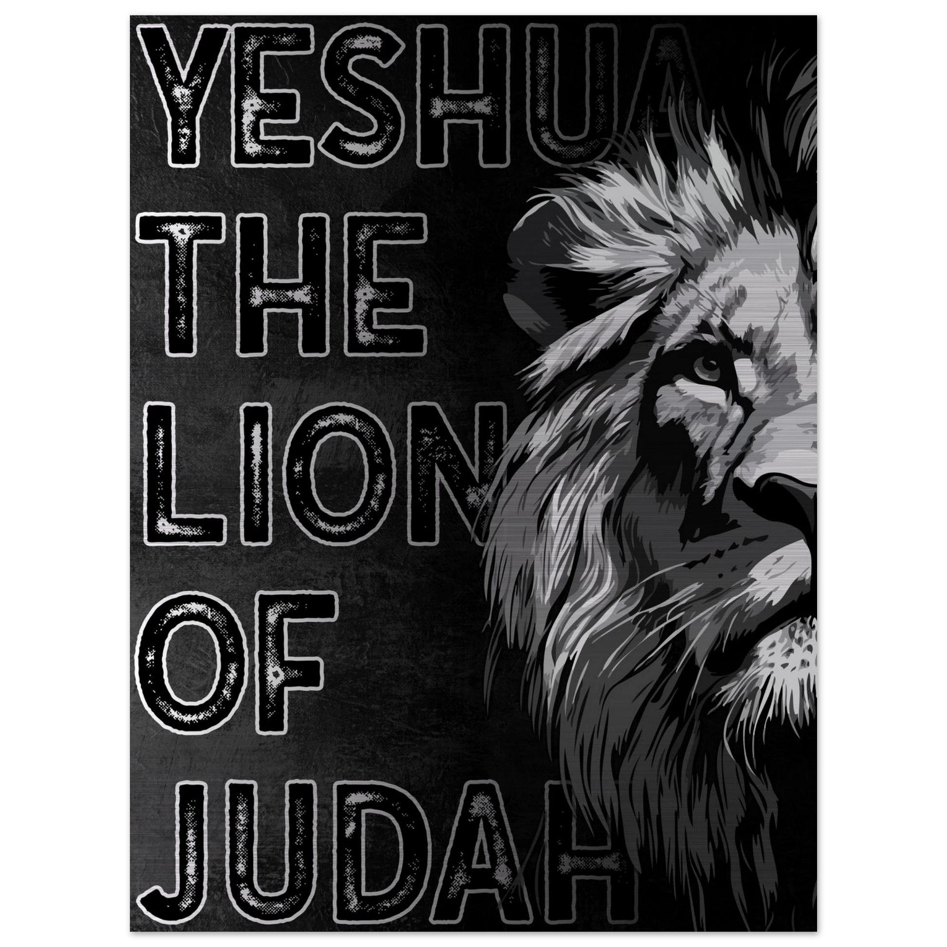 Jesus the Lion of Judah artwork featuring a bold black and white illustrated lion on the right side and distressed block lettering on a dark textured background.