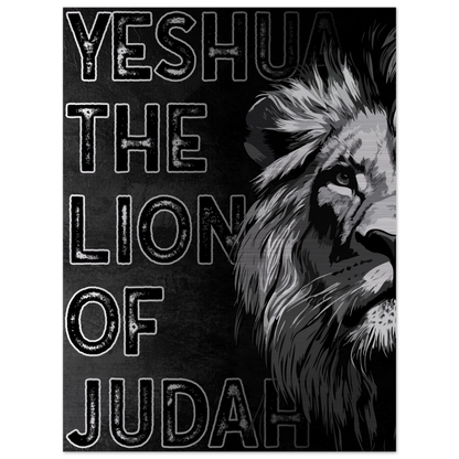 Jesus the Lion of Judah artwork featuring a bold black and white illustrated lion on the right side and distressed block lettering on a dark textured background.