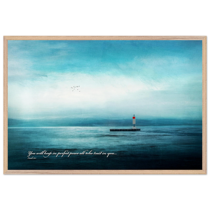 A framed poster featuring a lighthouse in a serene seascape with the text 'You will keep in perfect peace all who trust in you.' from Isaiah 26:3.