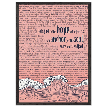 pink christian poster with bible verses in the background featuring a hand drawn wave illustration and the words hold fast to the hope set before us an anchor for the soul sure and steadfast hebrews 6 19