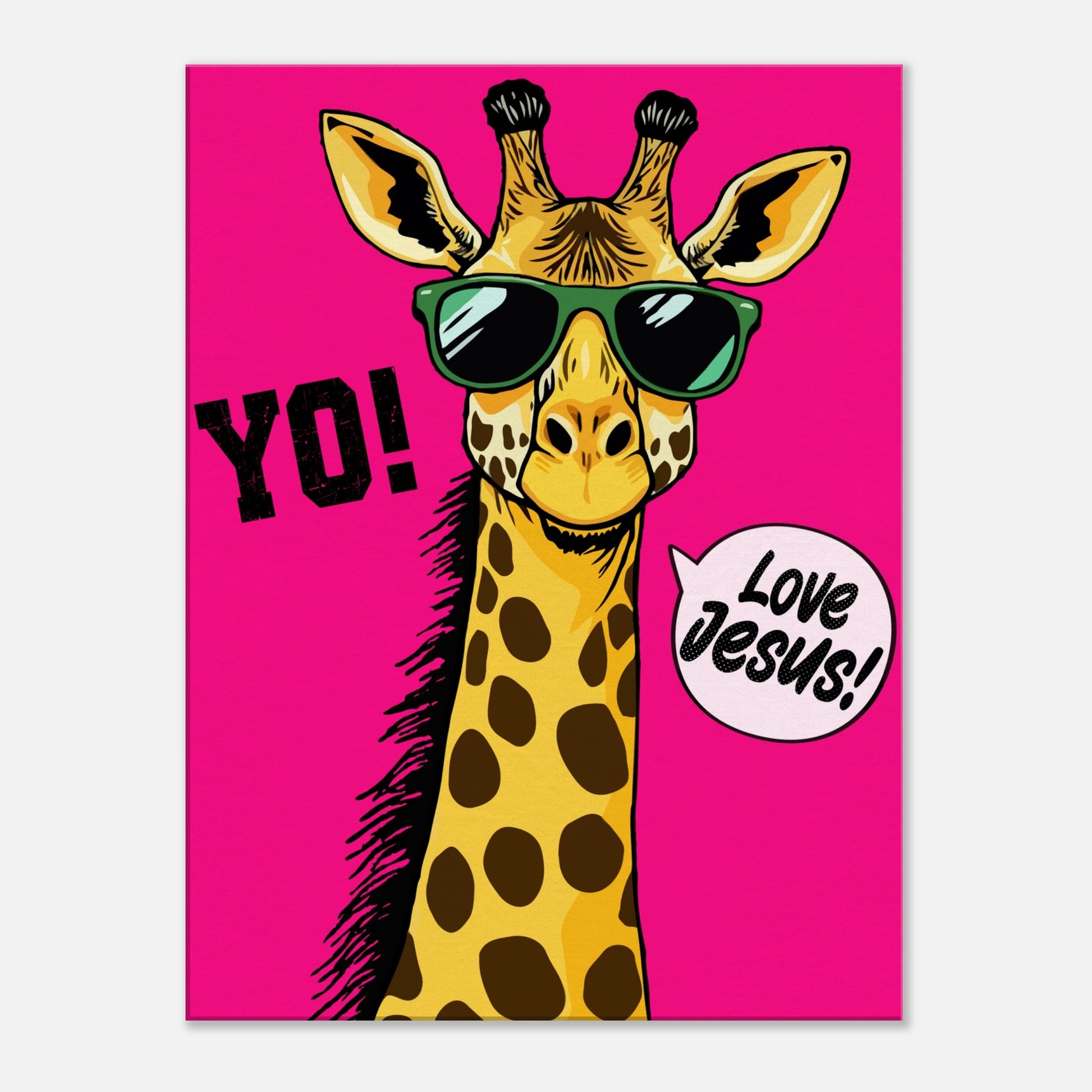 A vibrant pink poster featuring a cartoon giraffe with sunglasses and a speech bubble with the phrase 'Love Jesus!' The giraffe is the central figure against a vivid pink background 