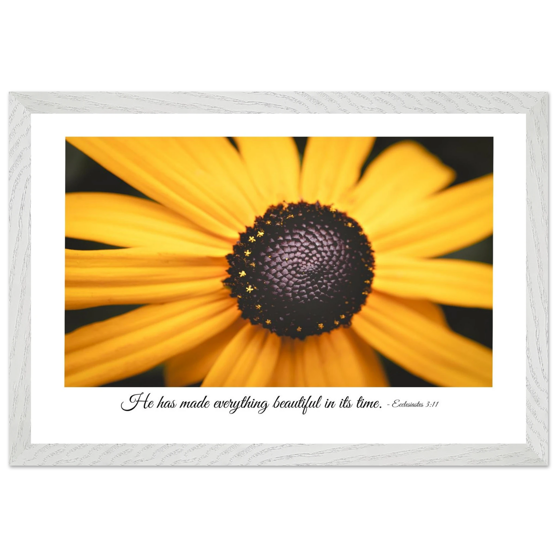 A framed art print of a close-up yellow flower with a quote from Ecclesiastes 3:11, 'He has made everything beautiful in its time.'.