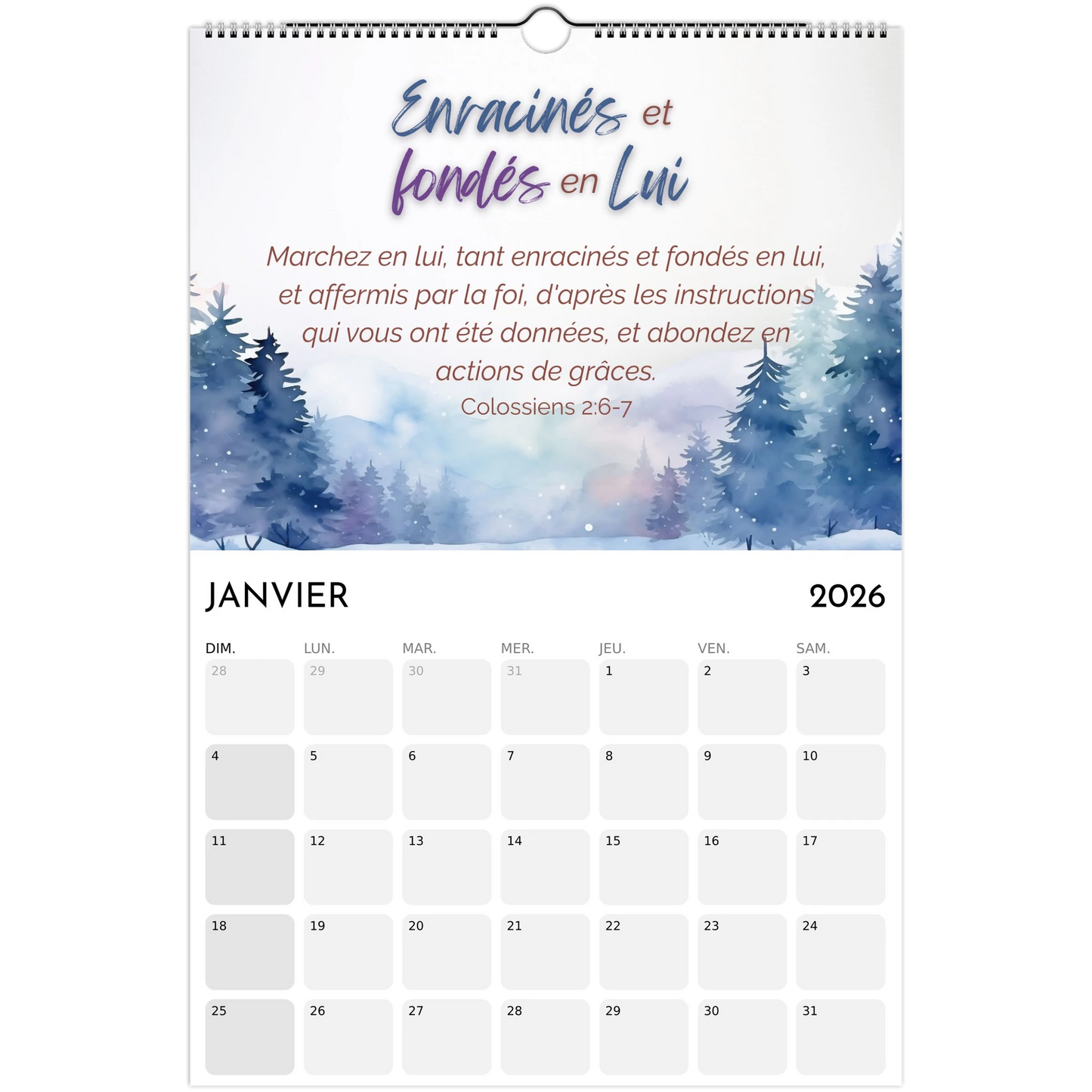 Calendar for January 2026 with a winter landscape design and motivational quote.
