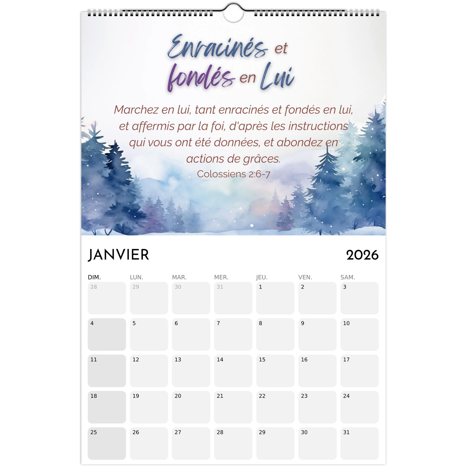 Calendar for January 2026 with a winter landscape design and motivational quote.