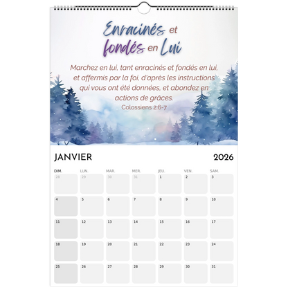 Calendar for January 2026 with a winter landscape design and motivational quote.