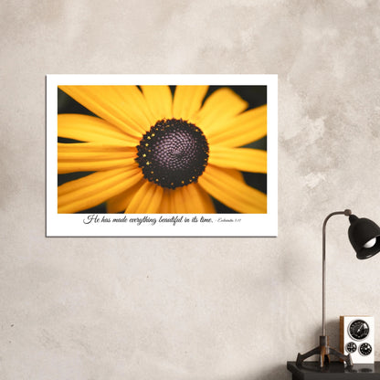 Christian sunflower wall art featuring a close-up yellow flower with the Bible verse He has made everything beautiful in its time Ecclesiastes 3:11 displayed in a minimalist home interior