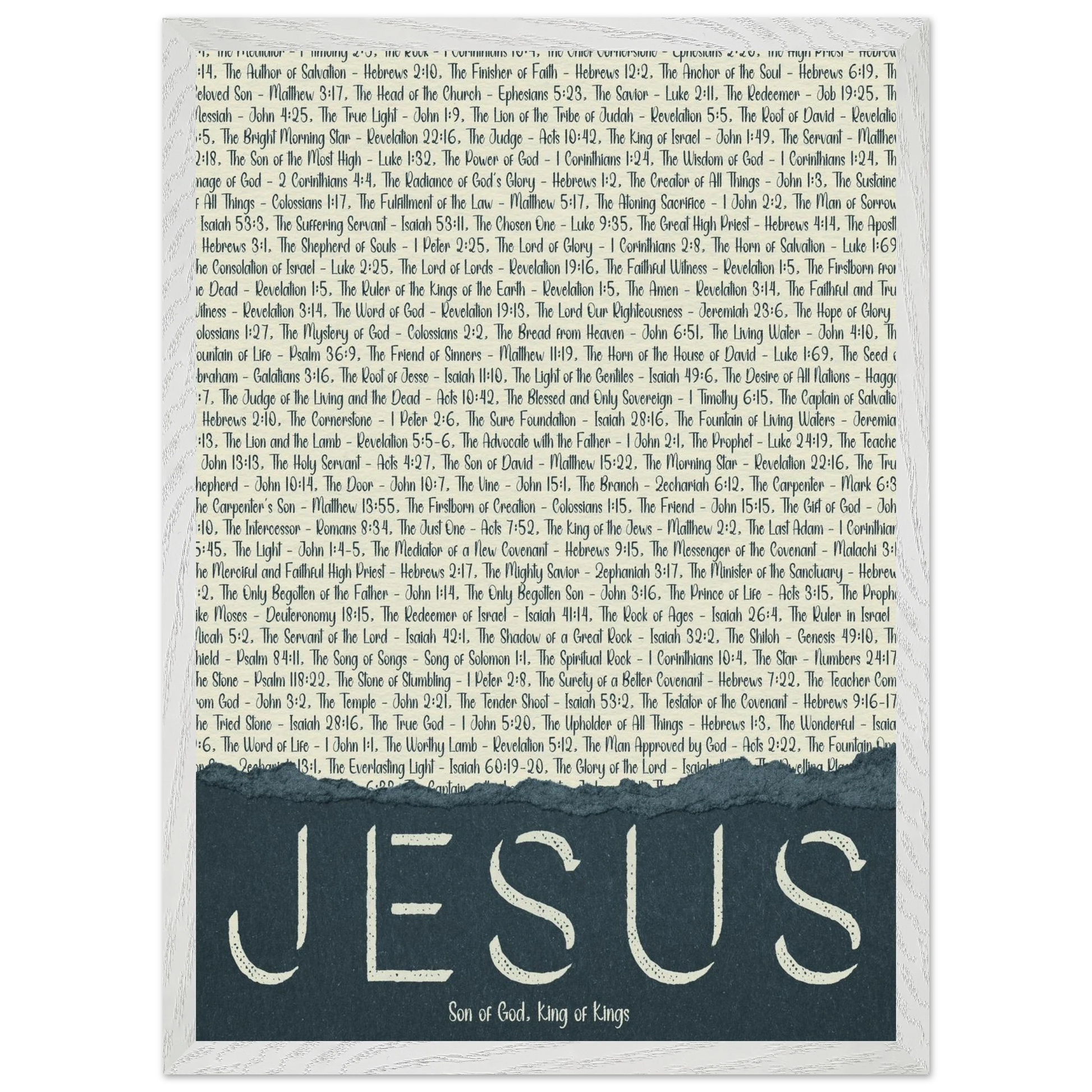 A framed wall art print with the word 'JESUS' in bold lettering, followed by a list of names and scriptures related to Jesus, against a white background 