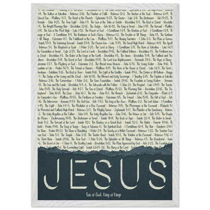 A framed wall art print with the word 'JESUS' in bold lettering, followed by a list of names and scriptures related to Jesus, against a white background 