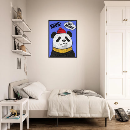 Playful Christian wall art illustration of a panda wearing a red beanie and yellow sweater on a blue background with the words BRUH and Trust Jesus in speech bubbles displayed in a cozy bright minimalist bedroom