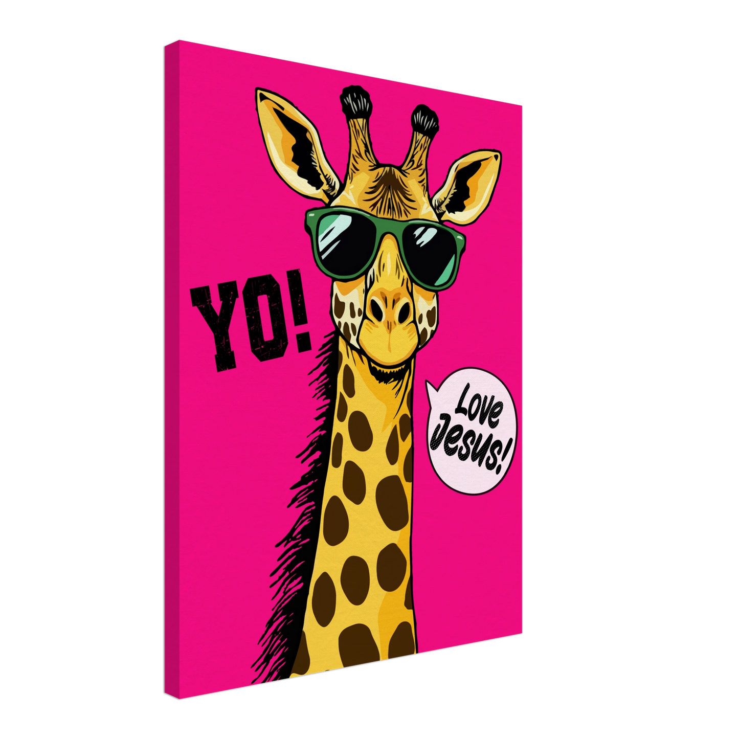 A vibrant pink canva featuring a cartoon giraffe with sunglasses and a speech bubble with the phrase 'Love Jesus!' The giraffe is the central figure against a vivid pink background.