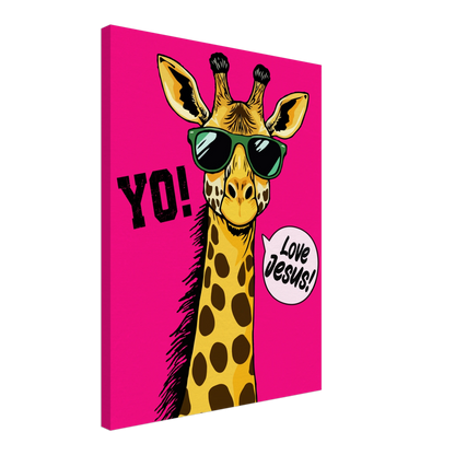 A vibrant pink canva featuring a cartoon giraffe with sunglasses and a speech bubble with the phrase 'Love Jesus!' The giraffe is the central figure against a vivid pink background.
