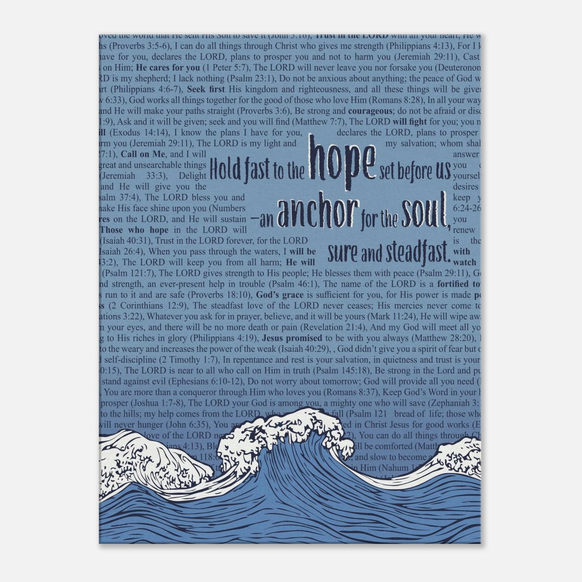 anchor for the soul hebrews 6 19 scripture poster featuring blue handwritten text background and white wave illustration