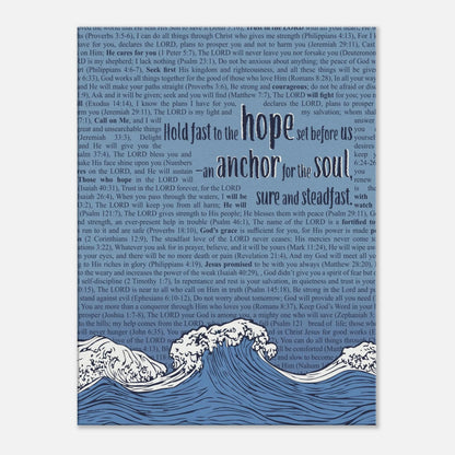 anchor for the soul hebrews 6 19 scripture poster featuring blue handwritten text background and white wave illustration