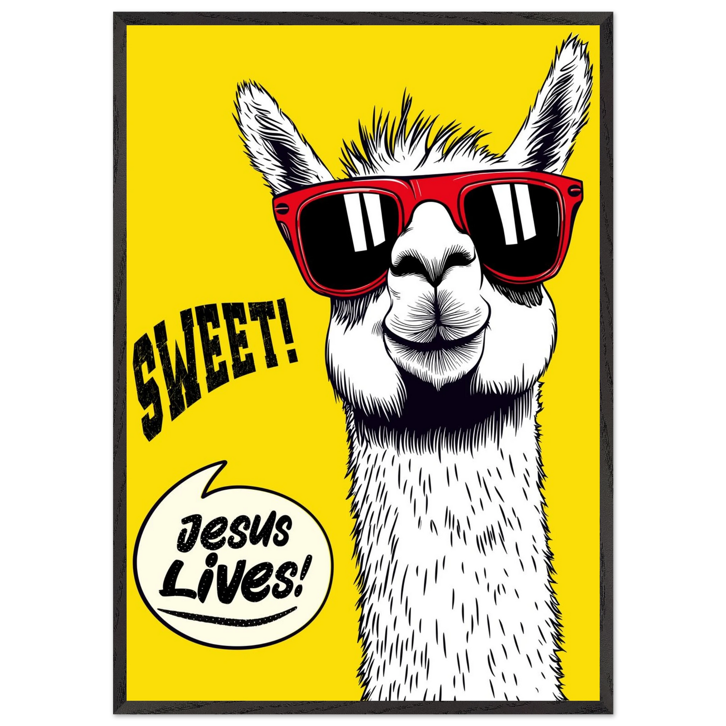 Playful Christian wall art illustration of a white llama wearing red sunglasses on a bright yellow background, with the words SWEET! and Jesus Lives in a speech bubble, framed in black.