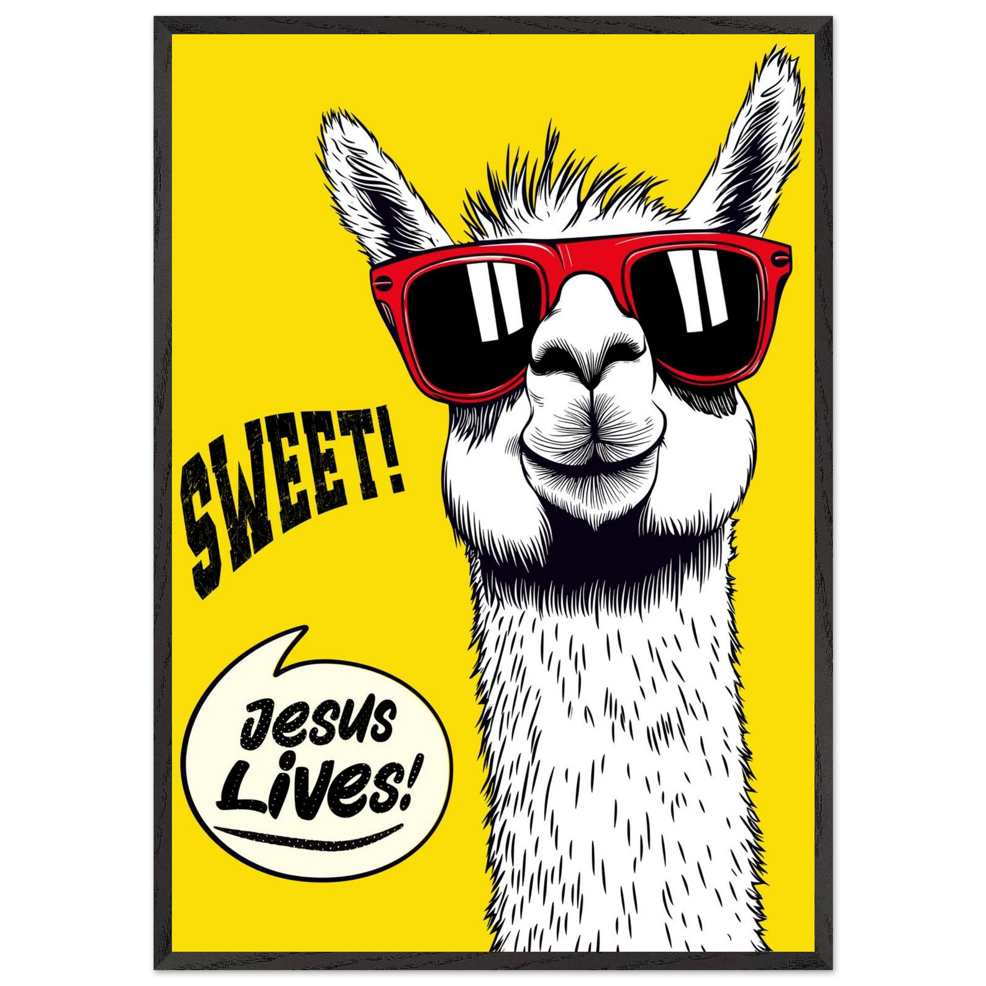 Playful Christian wall art illustration of a white llama wearing red sunglasses on a bright yellow background, with the words SWEET! and Jesus Lives in a speech bubble, framed in black.