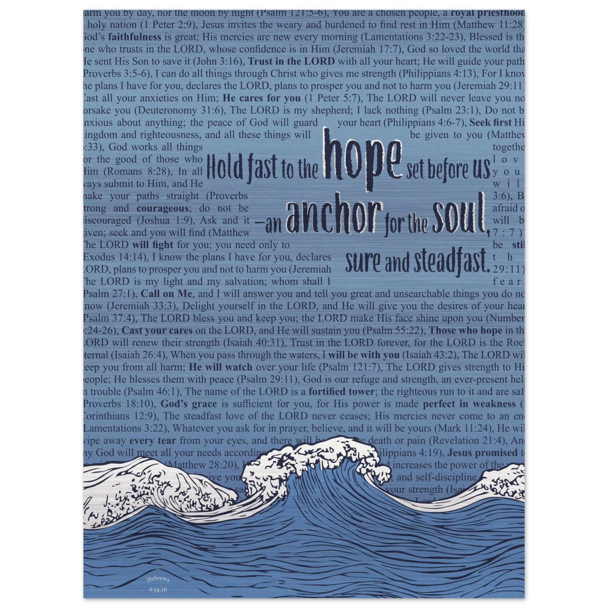 A metal print with a wave and anchor design featuring Bible verses in the background, predominantly in pink and silver colors.