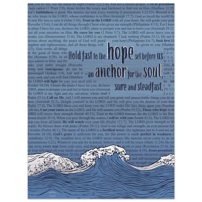 A metal print with a wave and anchor design featuring Bible verses in the background, predominantly in pink and silver colors.