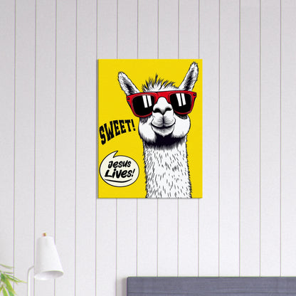 sweet jesus lives christian poster with cool llama wearing red sunglasses on bright yellow background displayed on white shiplap wall