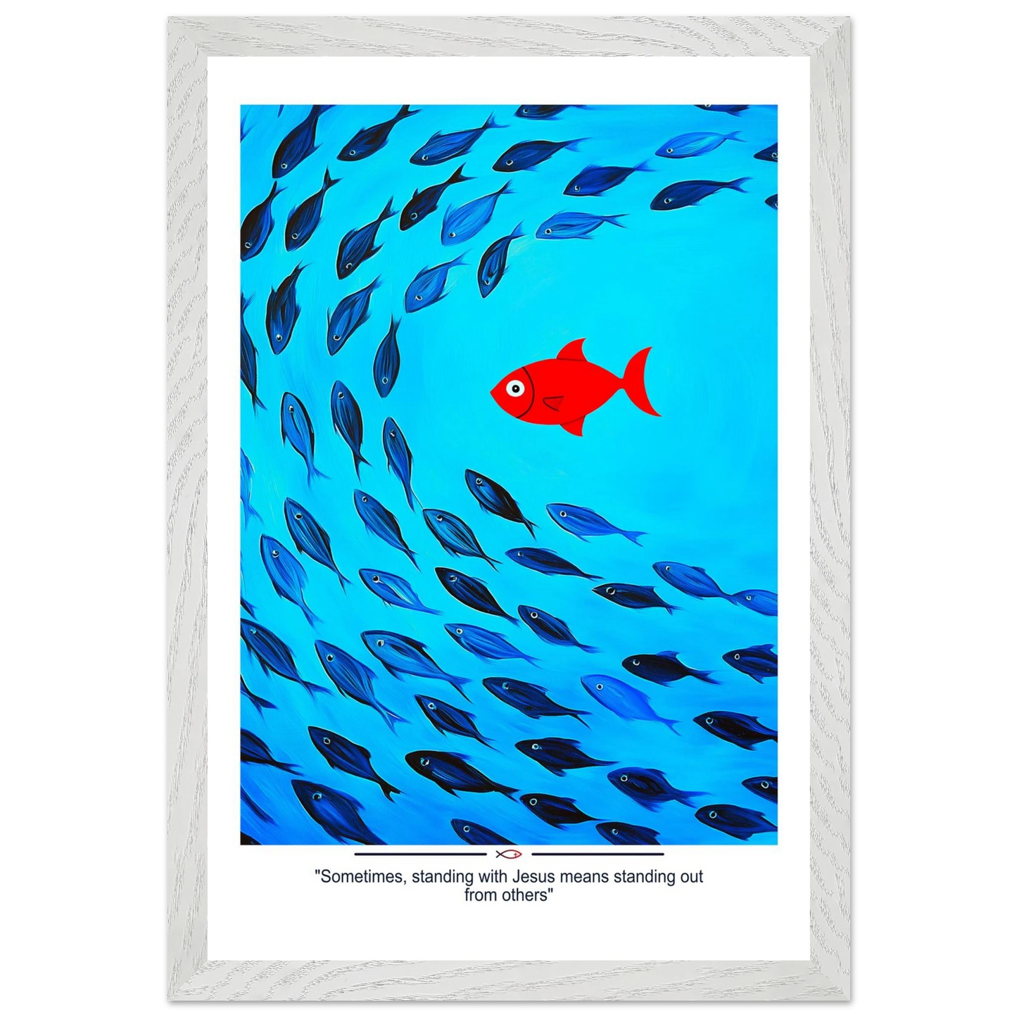 Framed Christian wall art featuring a red fish swimming in water with blue fish, and the text 'Sometimes standing with Jesus means standing out from others' as a quote.