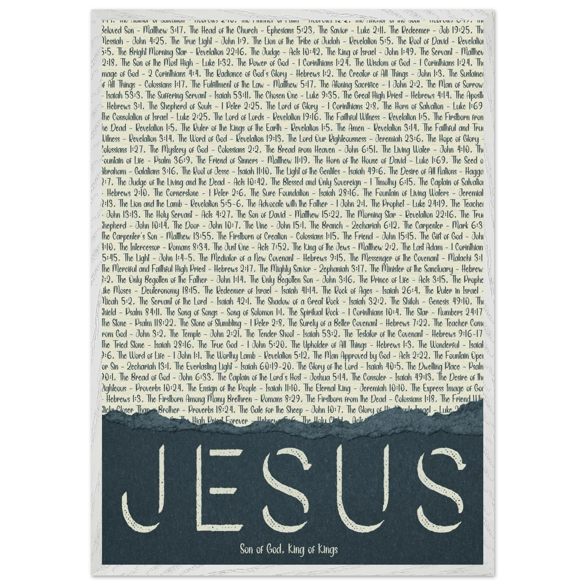 A framed wall art print with the word 'JESUS' in bold lettering, followed by a list of names and scriptures related to Jesus, against a white background.