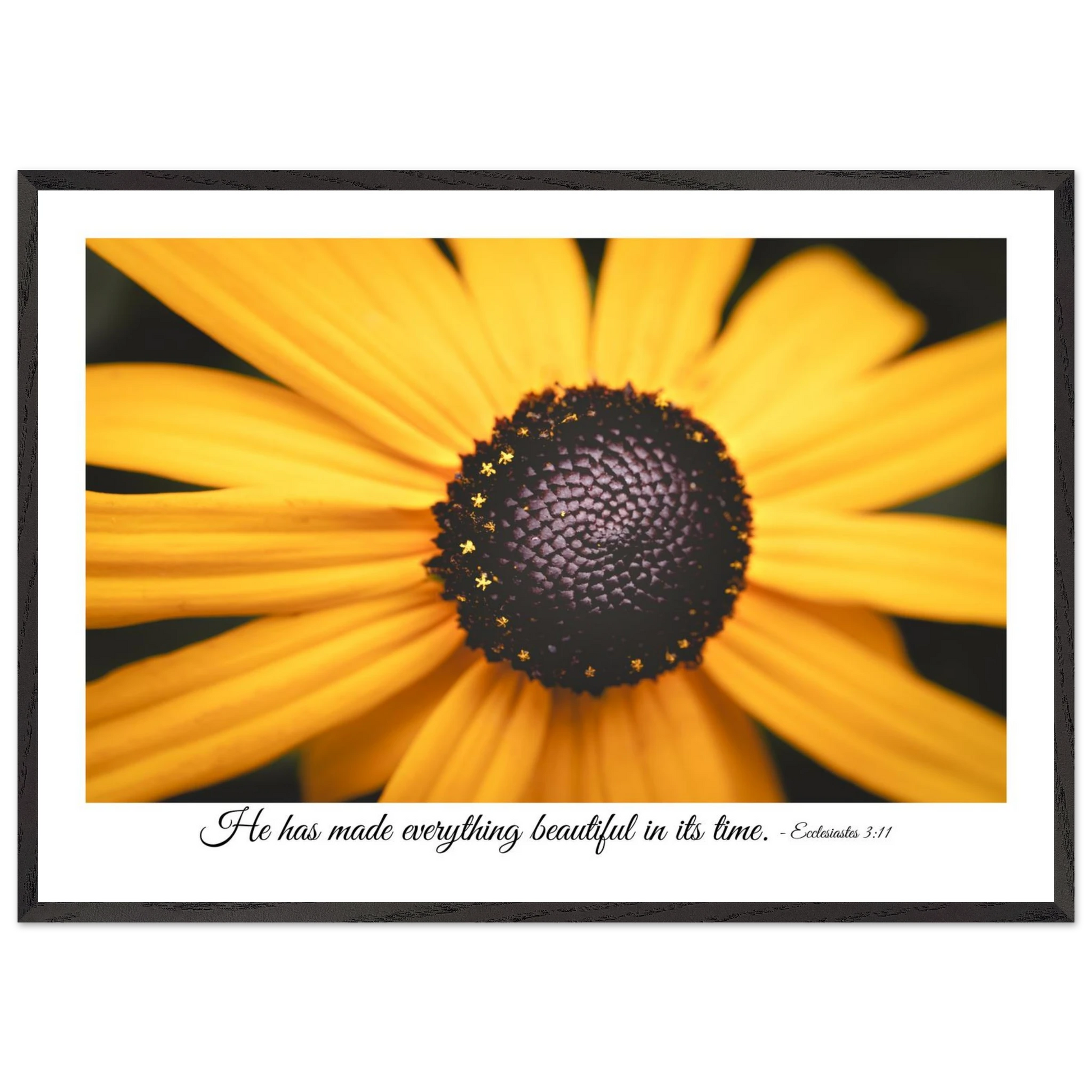 A framed art print of a close-up yellow flower with a quote from Ecclesiastes 3:11, 'He has made everything beautiful in its time.'.