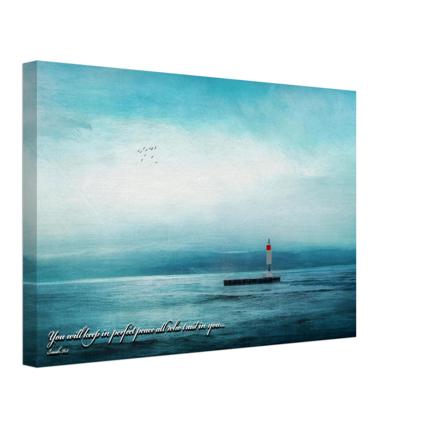A canvas wall art print featuring a lighthouse with a backdrop of the sea and sky, including a quote about perfect peace.