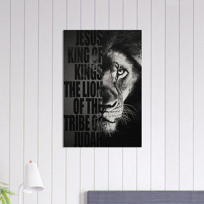 Black and white Lion of Judah Christian wall art featuring a powerful lion portrait with the words Jesus King of Kings Lion of the Tribe of Judah displayed in a bright modern minimalist interior